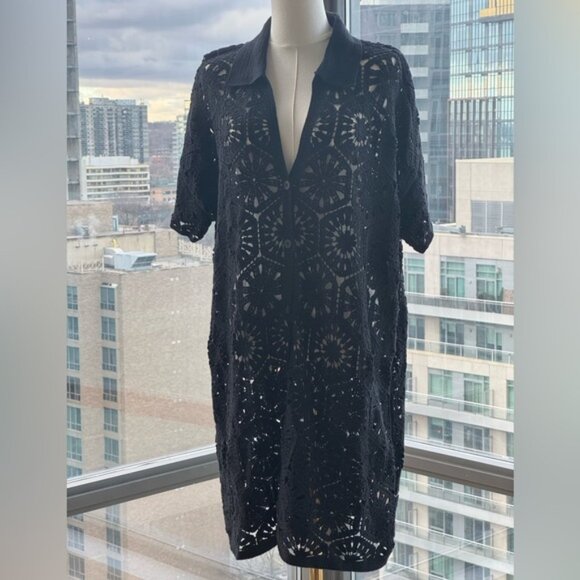 FARM Rio Dresses & Skirts - 🆕 FARM Rio 🧿 NWOT Black Semisheer Floral Button-Up Crochet Cover-Up Dress, XL